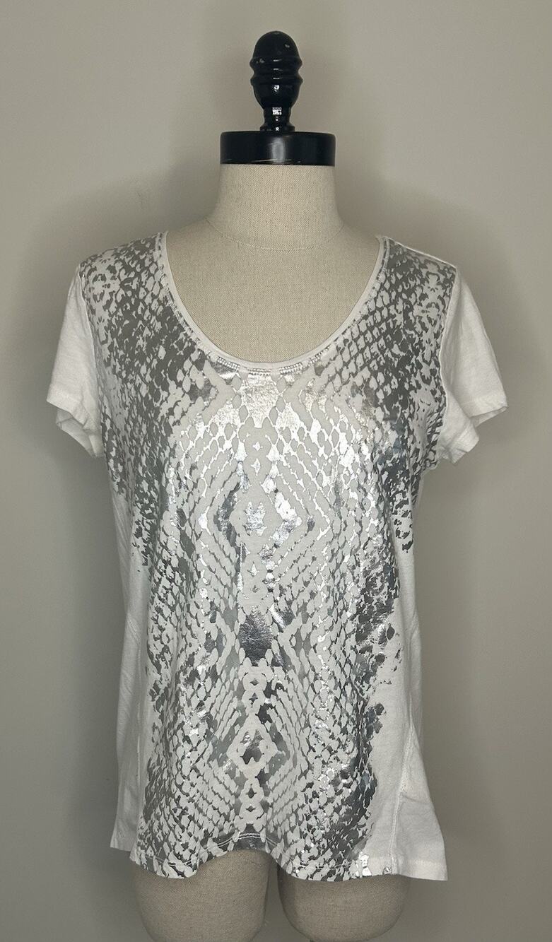 DKNY Jeans White Silver Metallic Animal Print Scoop Neck Tee Shirt Top Womens S